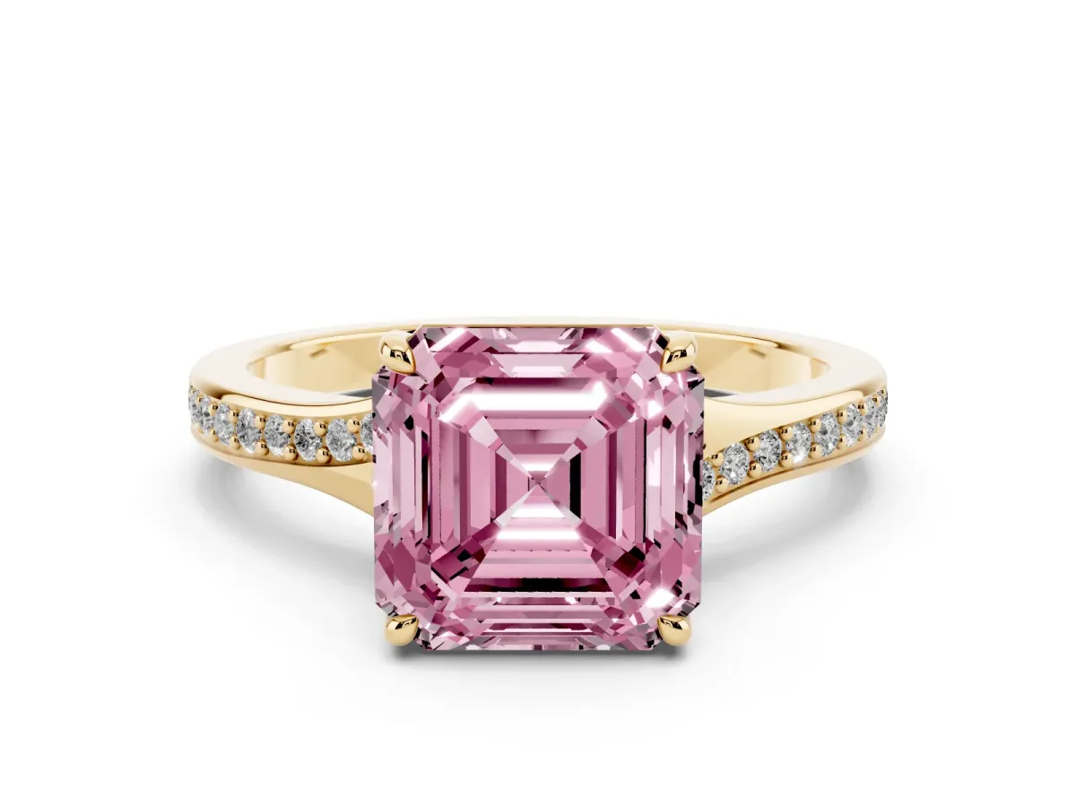 Fancy Pink Asscher Cut Diamond Solitaire Ring with Pavé Band and Prong Setting Yellow gold