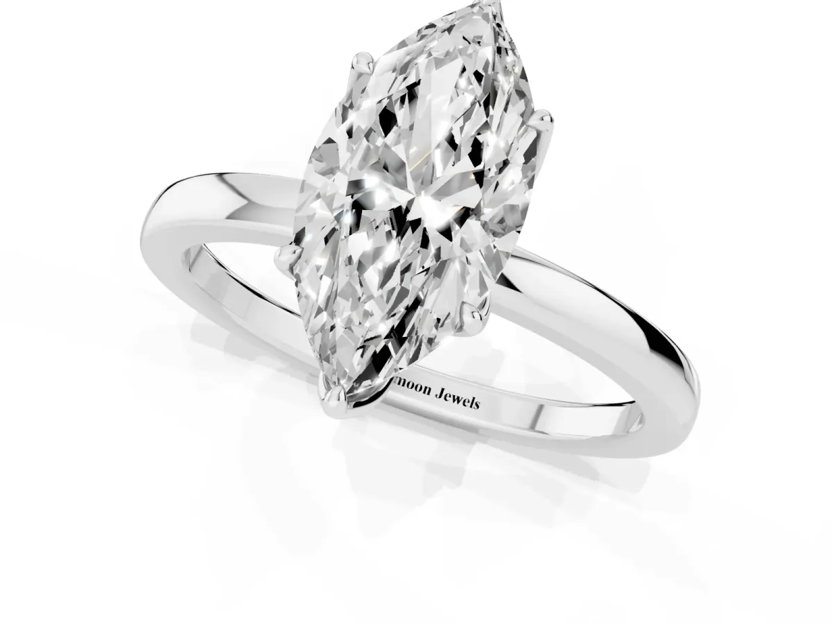 Marquise Cut Diamond Solitaire Ring with Thin Band and Prong Setting Silver