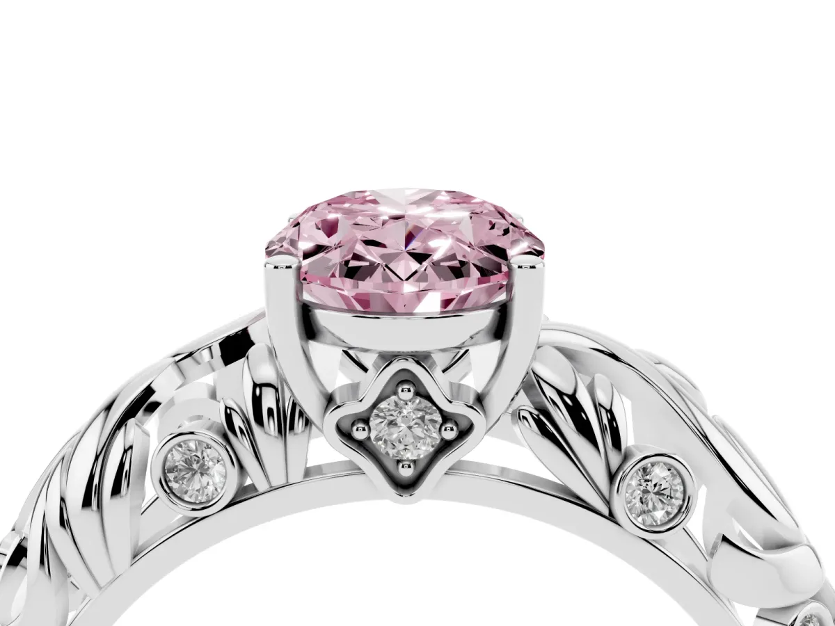 Fancy Pink Oval Cut Solitaire Diamond Leaf-Inspired Vine Band Ring with Prong Setting Silver
