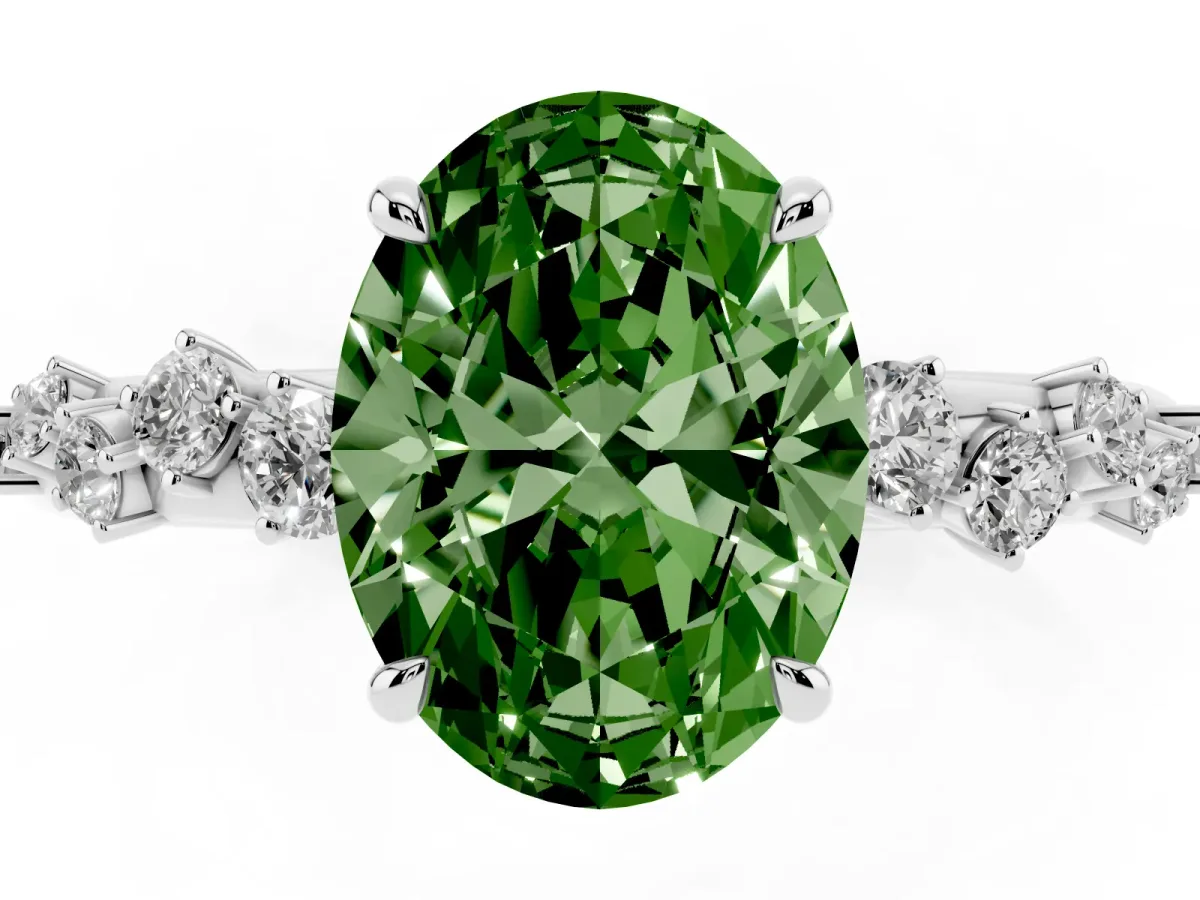 Fancy Green Oval Cut Diamond Cluster Prong-Set Solitaire Ring Platinum