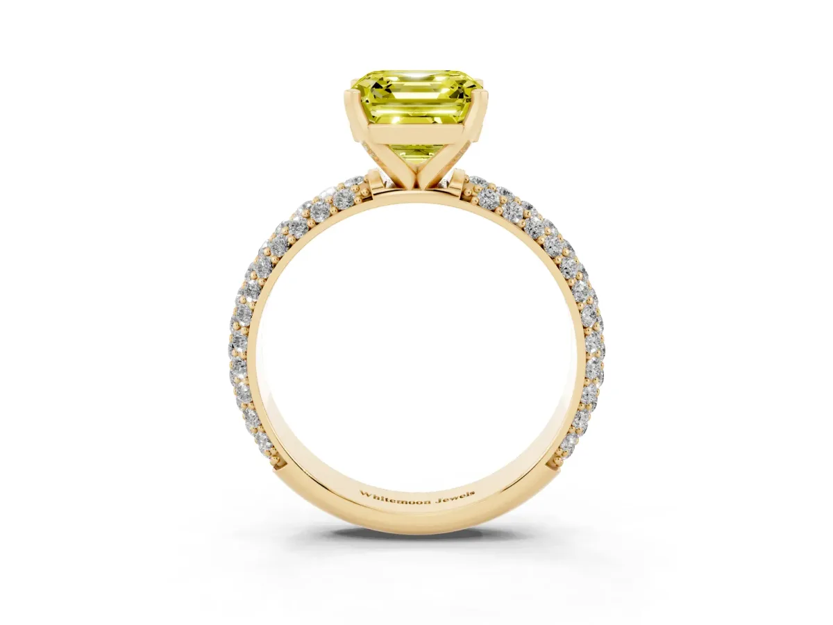 Fancy Yellow Asscher Cut Diamond Solitaire Ring with Prong Setting and Pavé Band Yellow gold