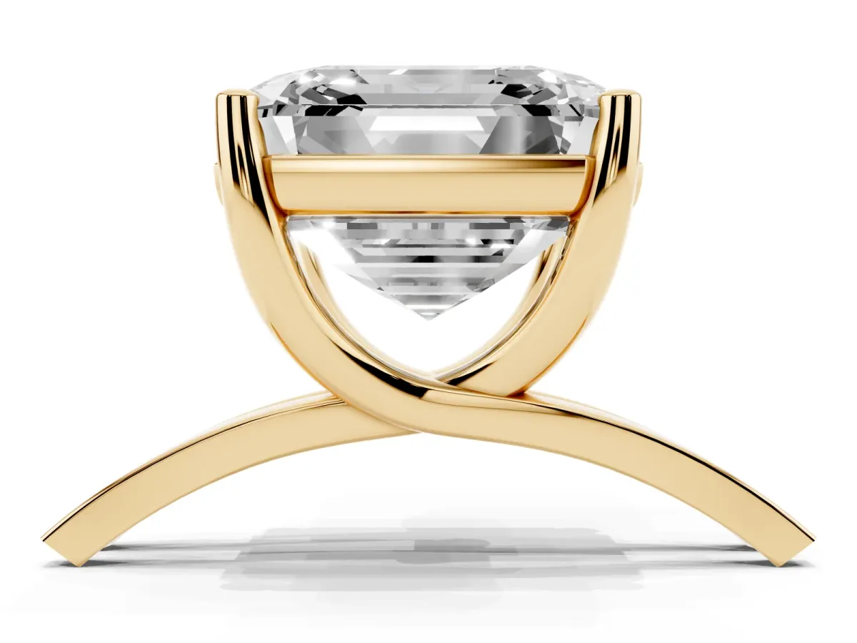 Asscher Cut Cut Diamond Solitaire Engagement Ring with Tapered Plain Band and Four-Prong Setting Yellow gold