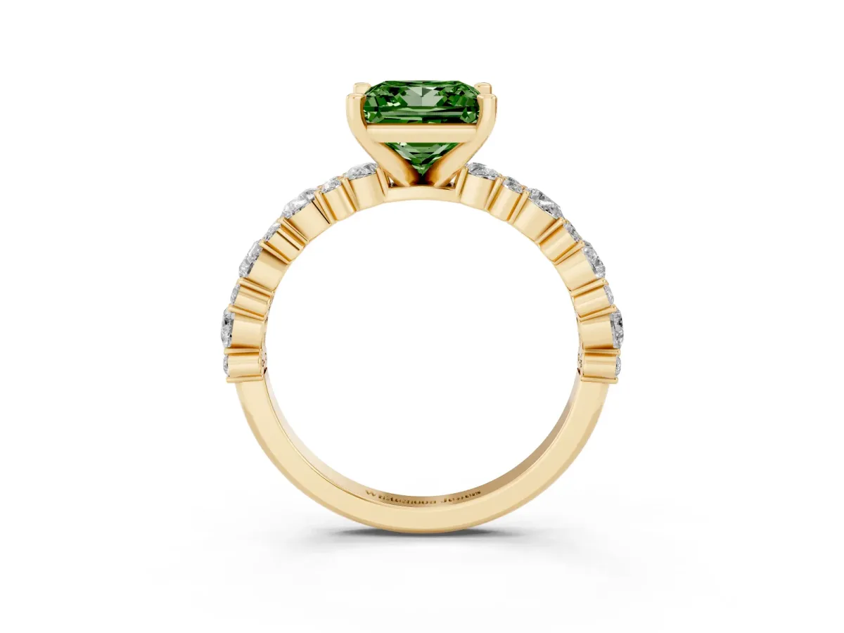 Fancy Green Princess Cut Diamond Side Stone Solitaire Ring with Round and Four-Prong Setting Yellow gold