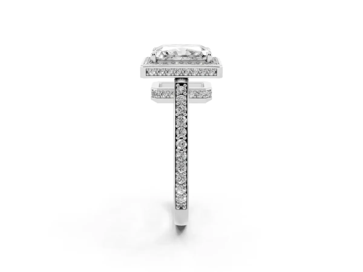Radiant Cut Halo Pave Band Solitaire Ring with Prong Setting Silver