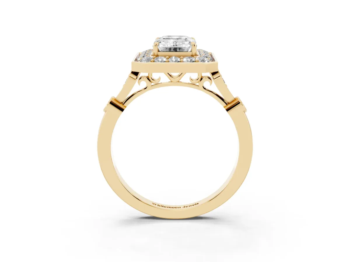 Emerald Cut Halo Diamond Engagement Ring with Twisted Band and Four-Prong Setting Yellow gold