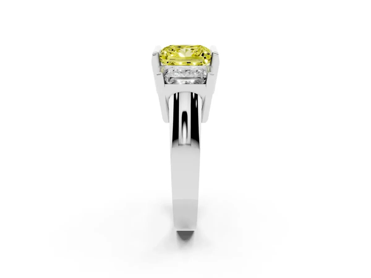 Fancy Yellow Three Stone Princess Cut Cut Channel Set Diamond Ring Silver