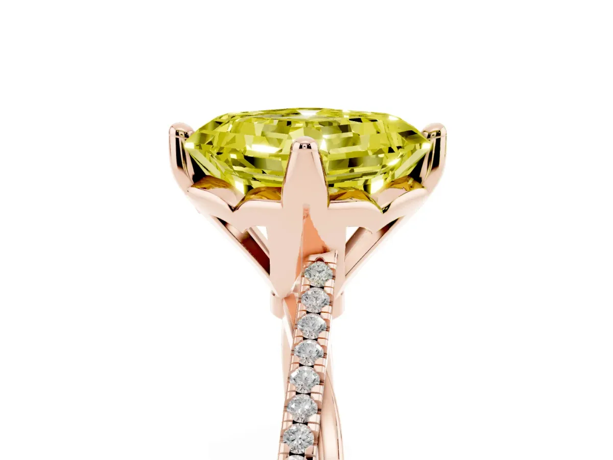 Fancy Yellow Asscher Cut Solitaire Twist Band with Pavé Diamonds and Four-Prong Setting Rose gold