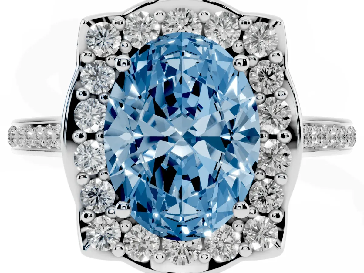 Fancy Blue Oval Cut Halo Round Diamond Pave Band with Four-Prong Setting Silver