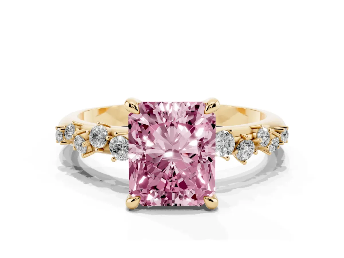 Fancy Pink Radiant Cut Cut Diamond Vine Band with Four-Prong Setting Yellow gold
