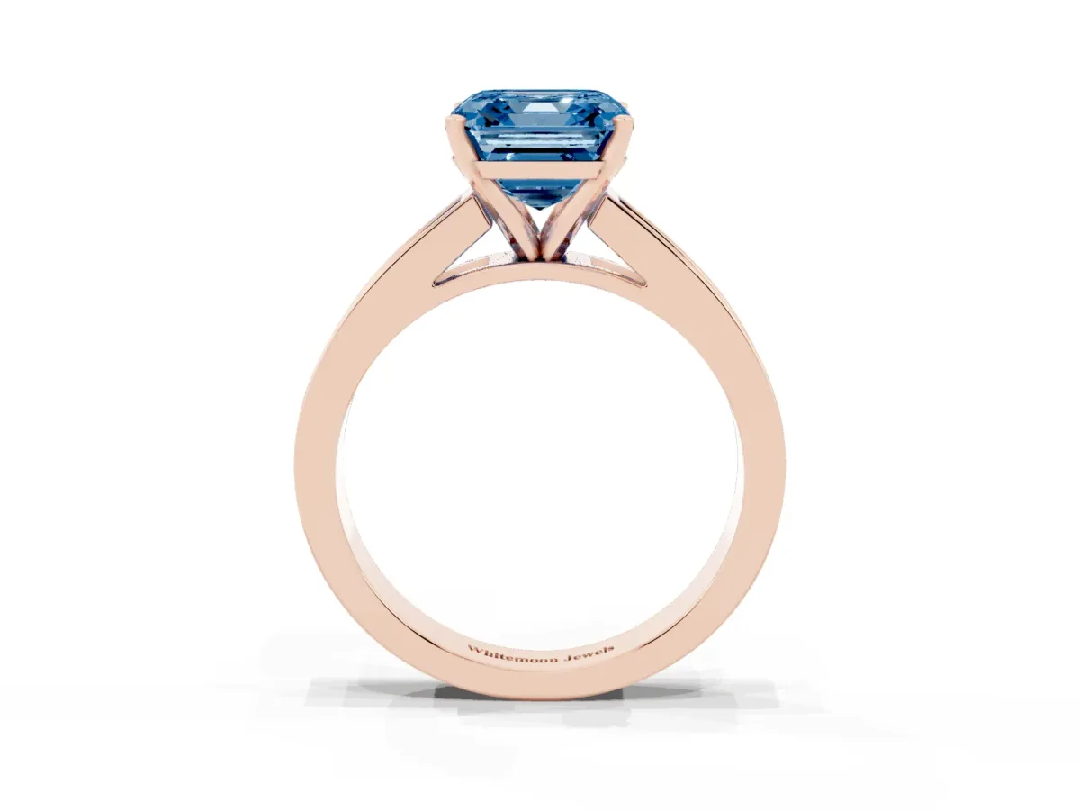 Fancy Blue Asscher Cut Solitaire Diamond Ring with Channel-Set Band and Four-Prong Setting Rose gold