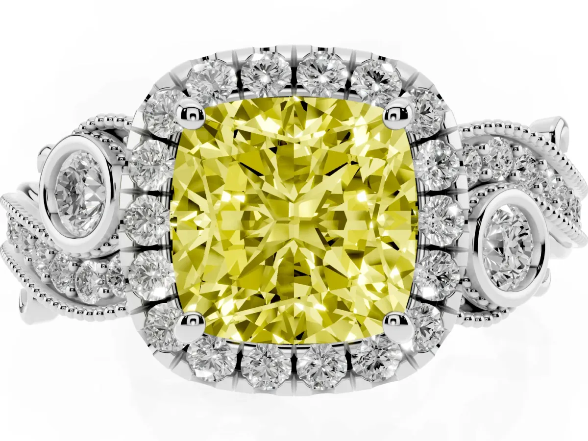 Fancy Yellow Cushion Cut Halo Diamond Ring with Milgrain and Bezel Accents on a Split Shank Band Platinum