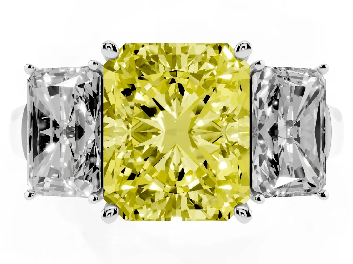 Fancy Yellow Three-Stone Radiant Cut Brilliant Diamond Trellis Ring with Comfort Fit Band Platinum