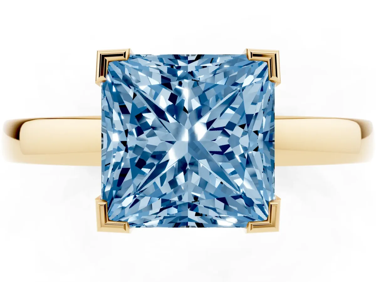 Fancy Blue Princess Cut Cut Solitaire Ring with Four-Prong Setting and Classic Band Yellow gold