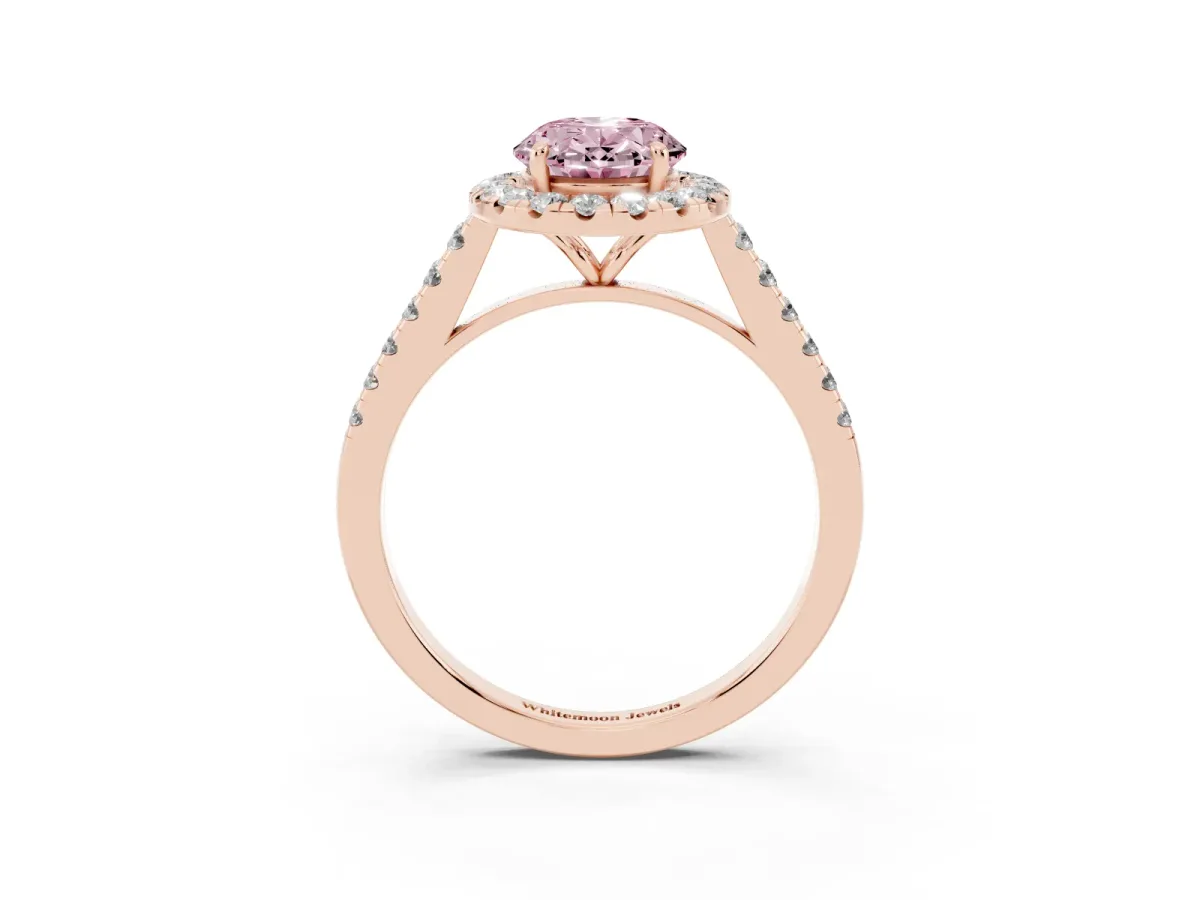 Fancy Pink Oval Cut Halo Pave Diamond Engagement Ring with Four-Prong Setting Rose gold