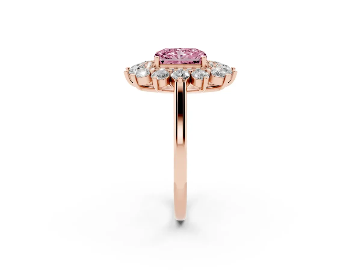 Fancy Pink Radiant Cut Diamond Floral Double Halo Engagement Ring with Prong Setting Rose gold