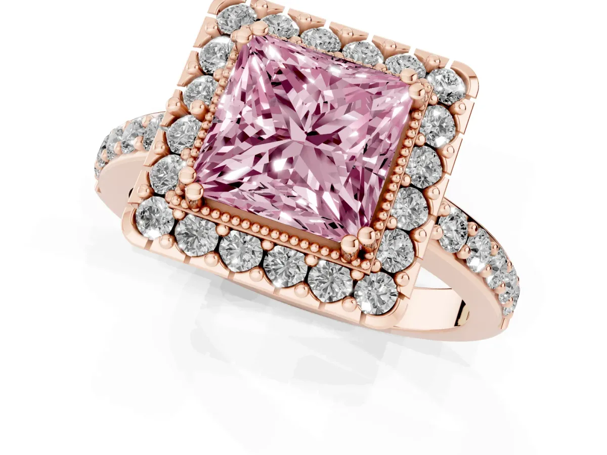 Fancy Pink Princess Cut Diamond Halo Ring with Pavé Band and Prong Setting Rose gold