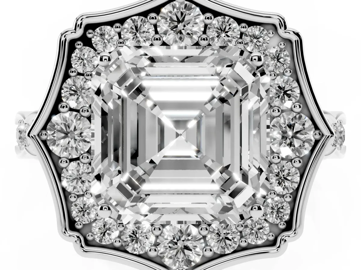 Asscher Cut Halo Diamond Engagement Ring with Milgrain Band and Four-Prong Setting White gold