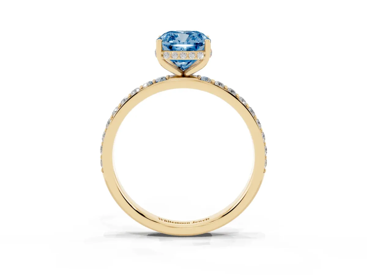 Fancy Blue Cushion Cut Diamond Solitaire Ring with Pavé Band and Hidden Halo Yellow gold