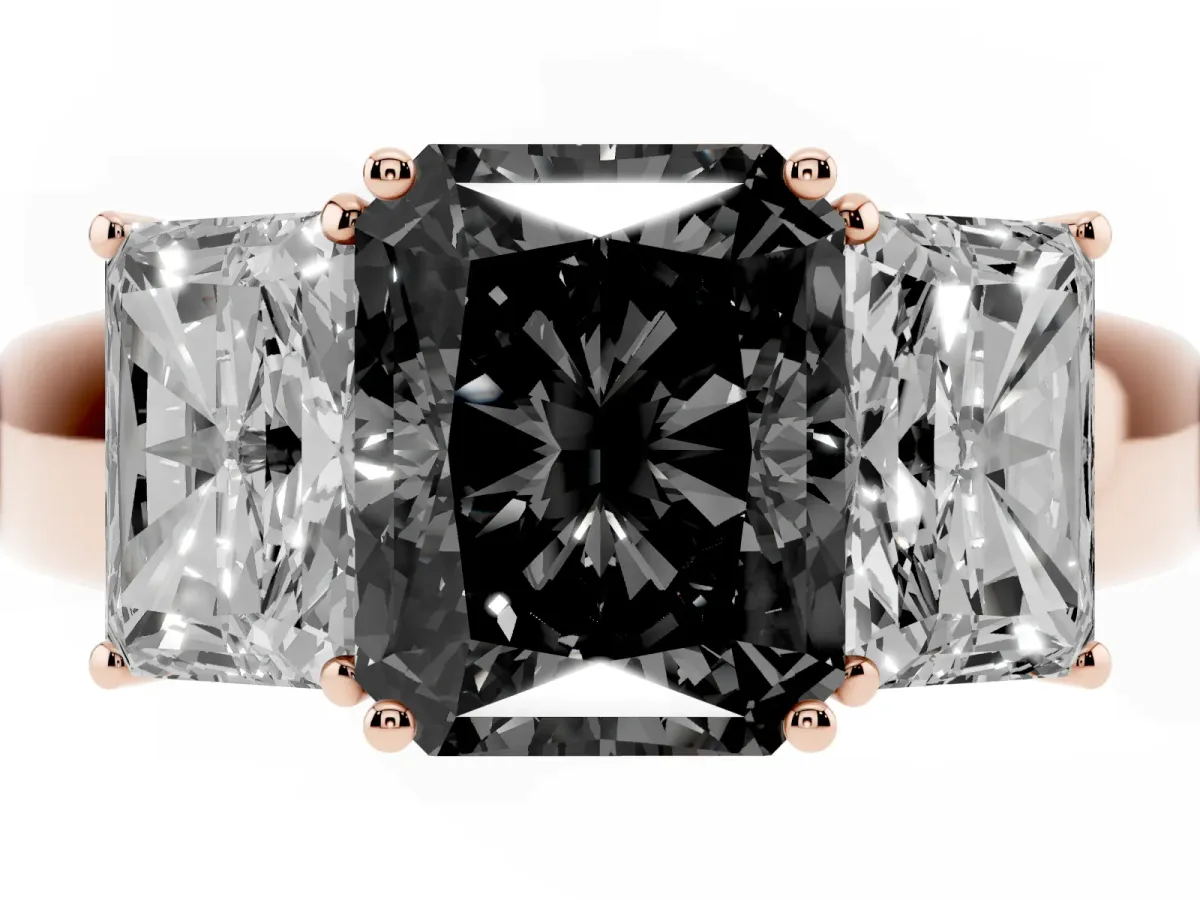 Fancy Black Three-Stone Radiant Cut Cut Diamond Ring with Prong Setting and Classic Band Rose gold