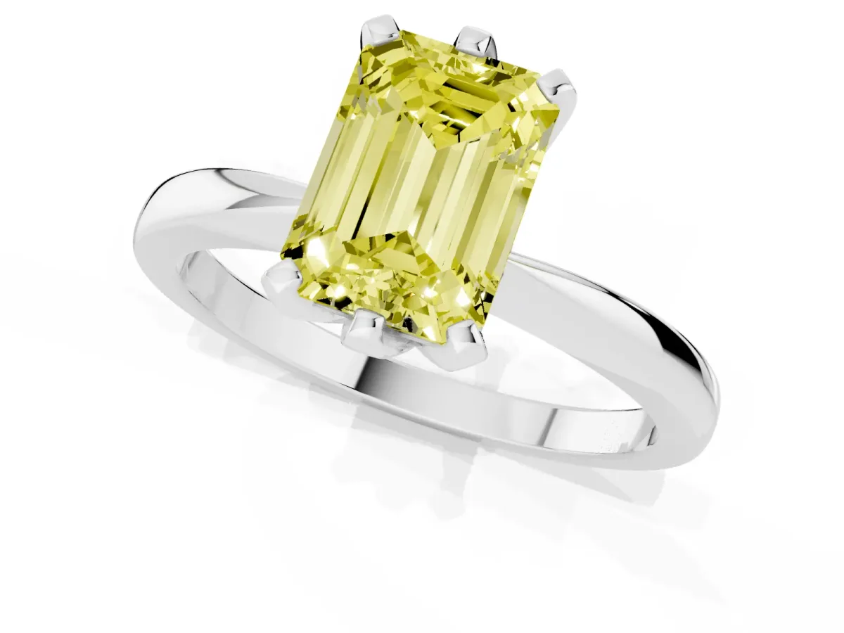 Fancy Yellow Emerald Cut Solitaire Engagement Ring with Six-Prong Setting and Tapered Band Silver