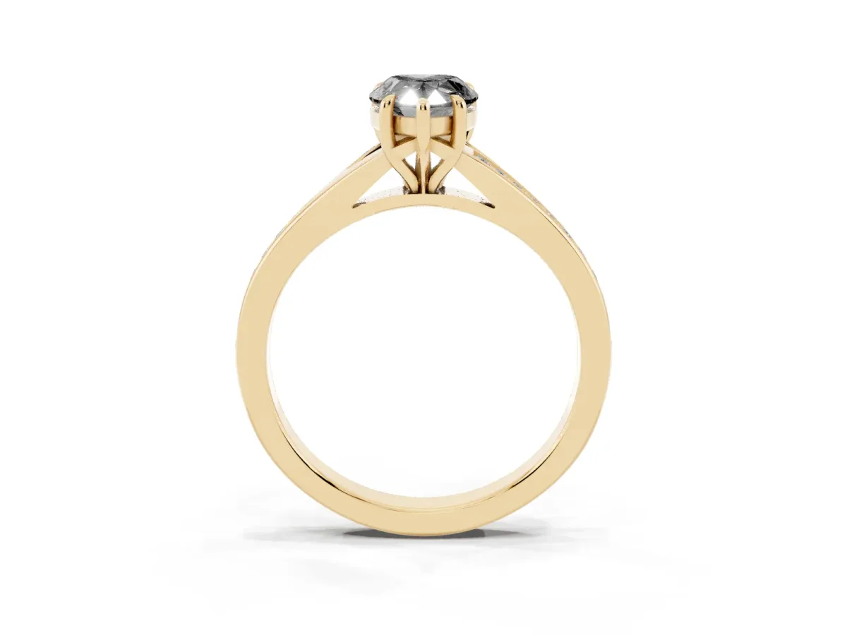 Fancy Black Pear Cut Diamond Solitaire Ring with Pavé Band and Prong Setting Yellow gold