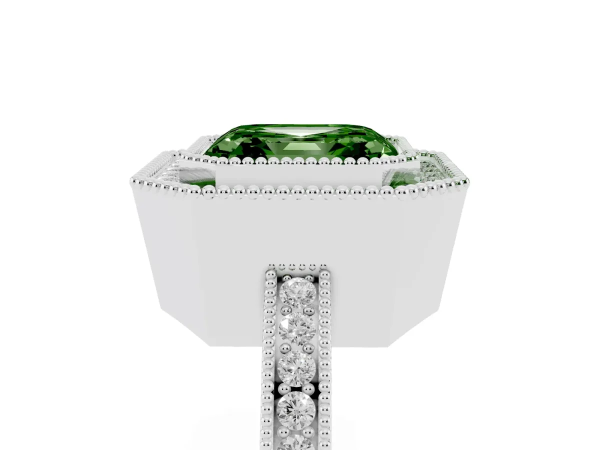 Fancy Green Asscher Cut Cut Halo Diamond Ring with Pavé Band and Milgrain Prong Setting Silver