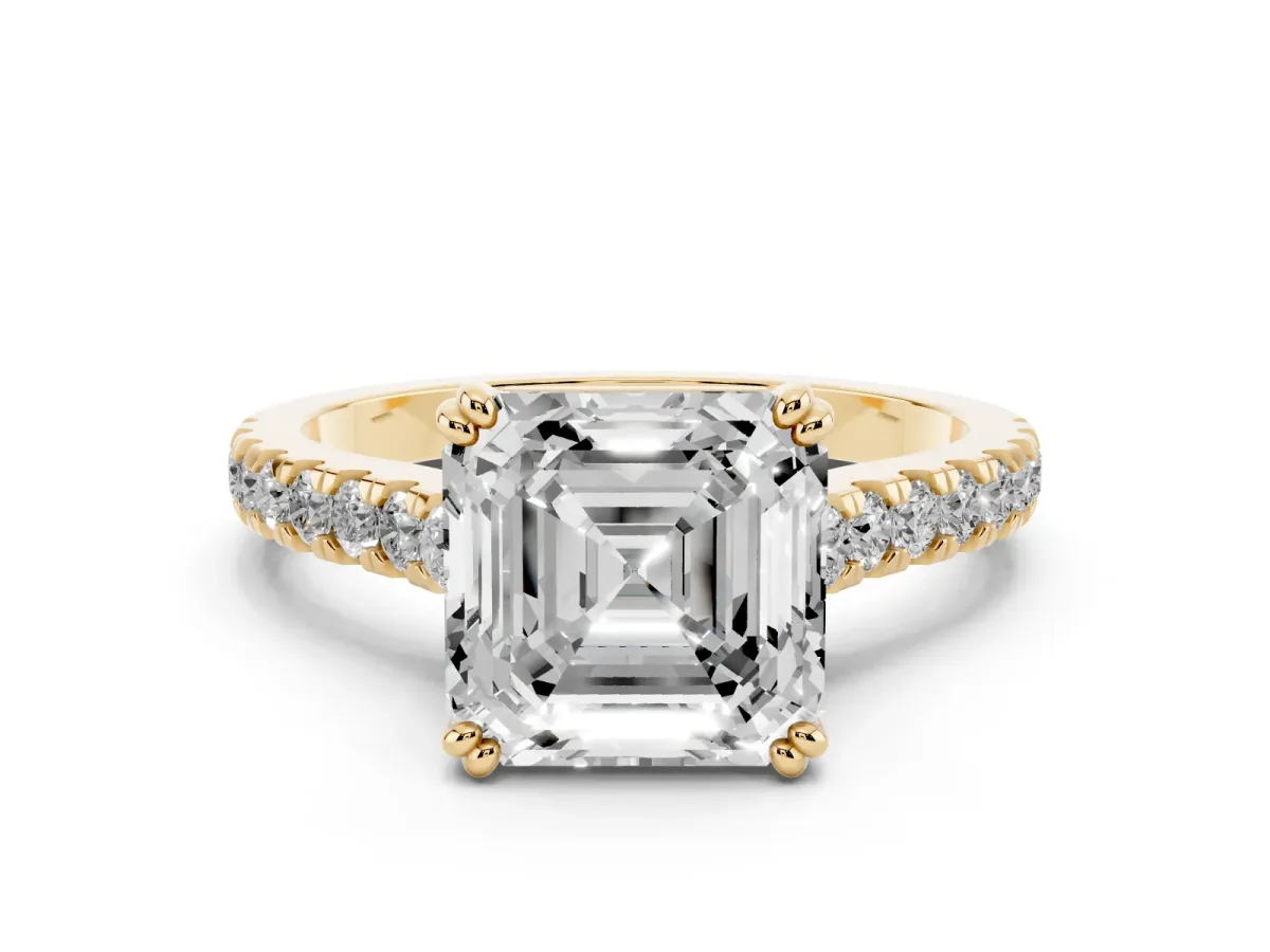Asscher Cut Solitaire Pave Diamond Engagement Ring with Prong Setting Yellow gold