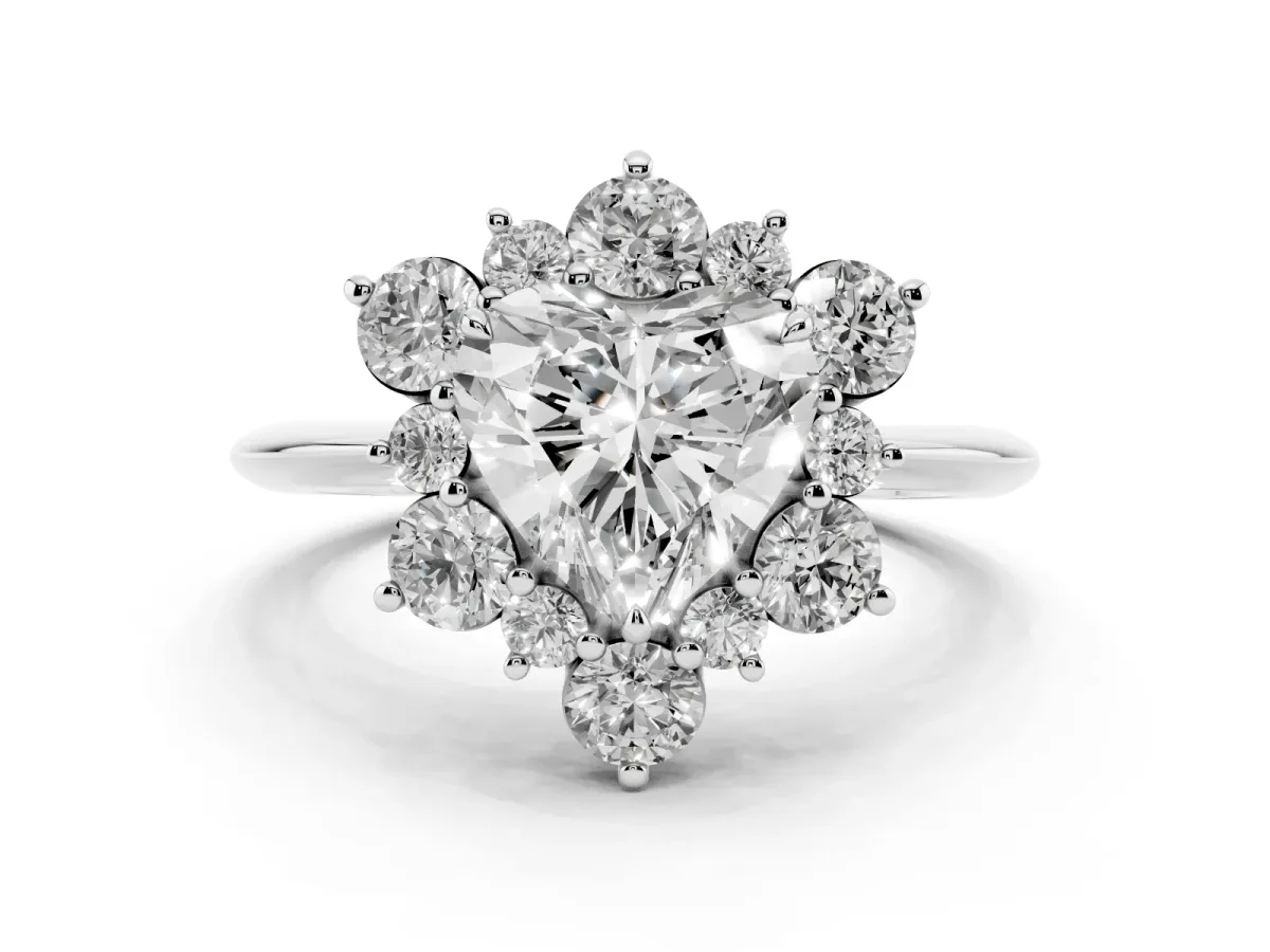 Heart Cut Diamond Cluster Halo Ring with Solitaire Band and Four-Prong Setting Platinum