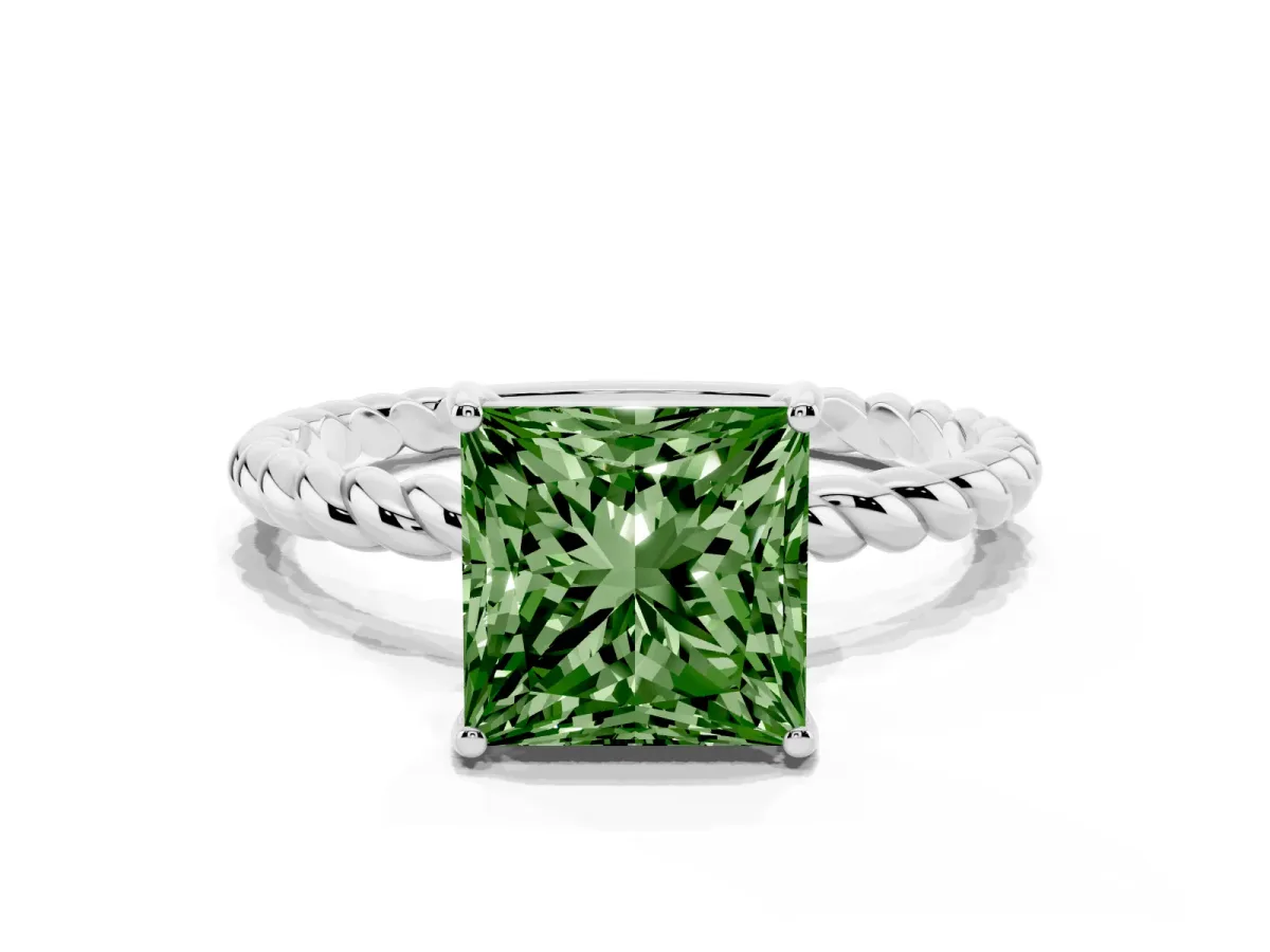 Fancy Green Princess Cut Solitaire Twisted Band 4-Prong Ring Platinum