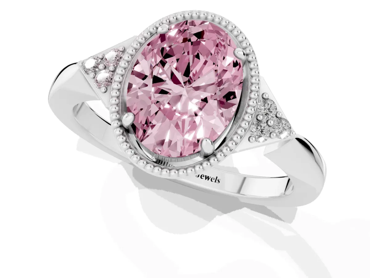 Fancy Pink Oval Cut Diamond Halo Ring with Tapered Band and Four-Prong Setting White gold