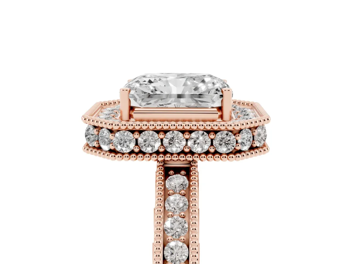 Radiant Cut Diamond Milgrain Halo Engagement Ring with Round Pavé Band and Prong Setting Rose gold