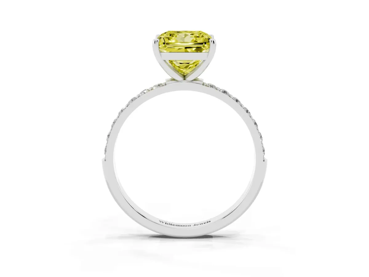Fancy Yellow Princess Cut Diamond Solitaire Ring with Round Pavé Shoulders and Prong Setting Silver