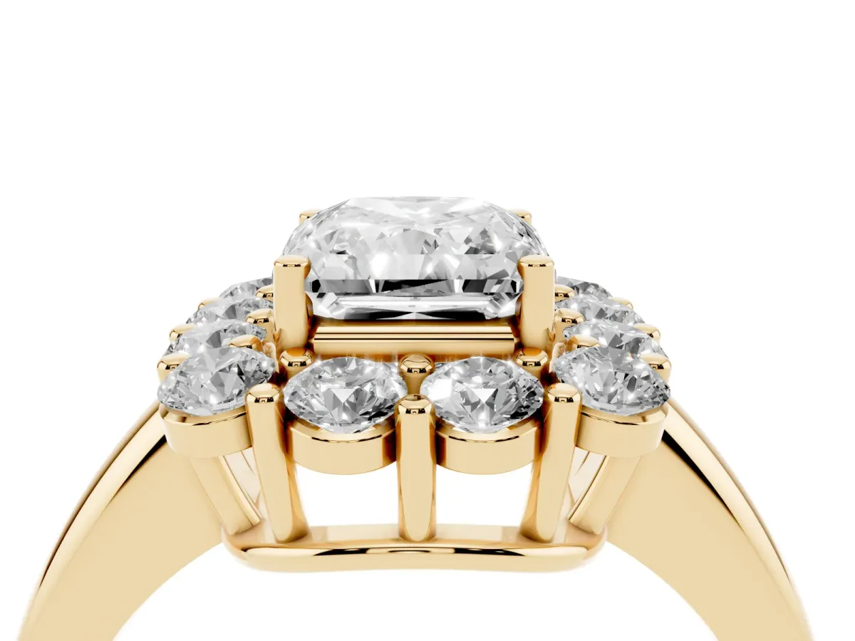 Radiant Cut Halo Cluster Diamond Engagement Ring with Prong Setting and Polished Band Yellow gold