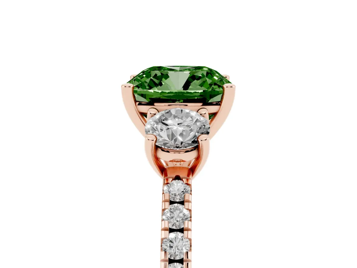 Fancy Green Three-Stone Cushion Cut Cut Diamond Pavé Band with Prong Setting Rose gold