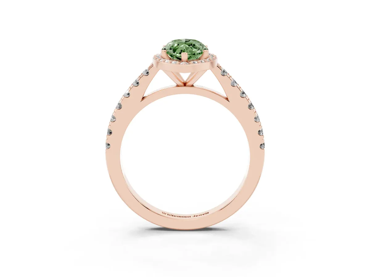 Fancy Green Marquise Cut Cut Halo Diamond Engagement Ring with Pave Band and Four-Prong Setting Rose gold