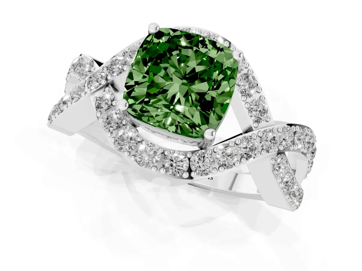 Fancy Green Cushion Cut Solitaire Twist Band Pavé Diamond Engagement Ring Silver