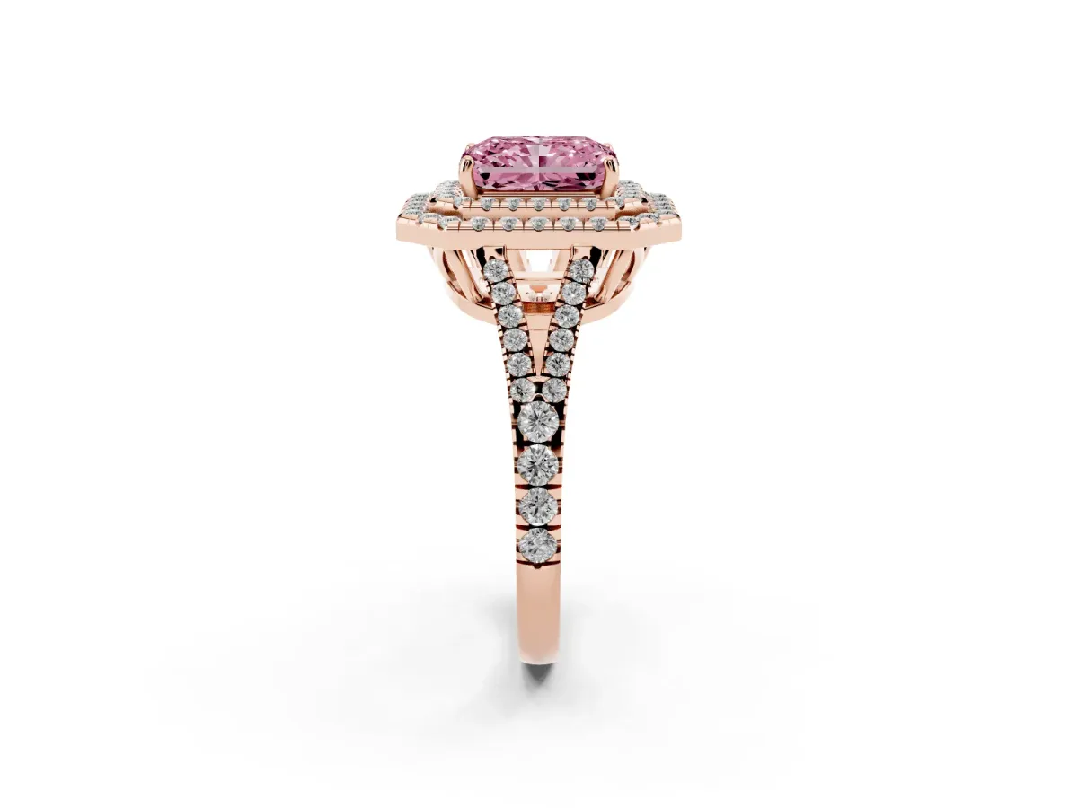 Fancy Pink Radiant Cut Diamond Double Halo Ring with Pavé Band and Prong Setting Rose gold