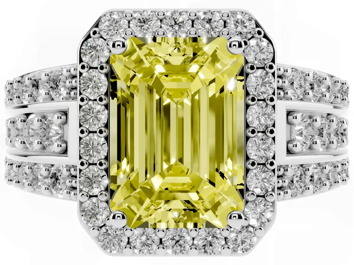 Fancy Yellow Emerald Cut Halo Diamond Ring with Round Split Shank and Prong Setting Silver