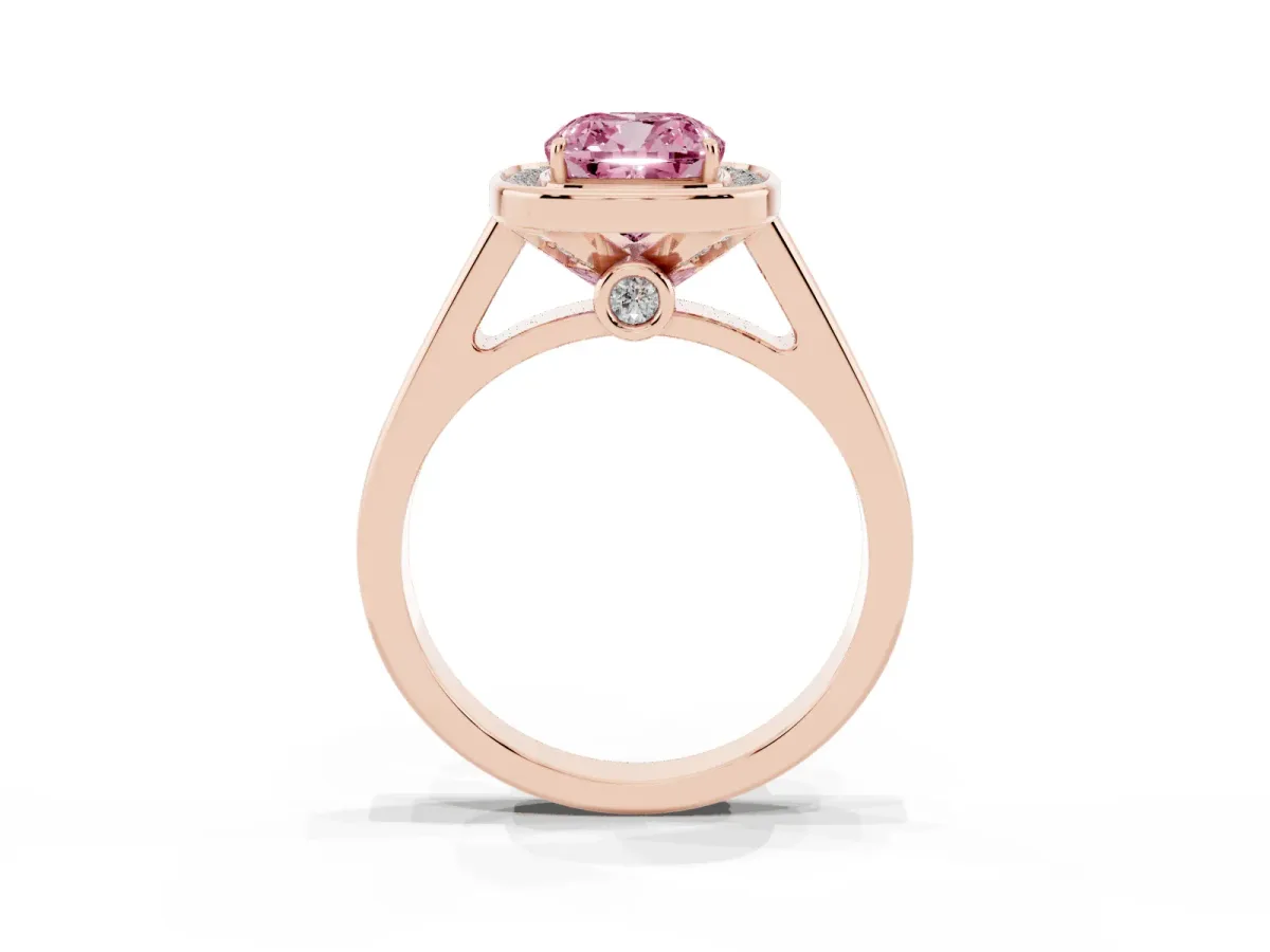 Fancy Pink Cushion Cut Halo Solitaire Diamond Ring with Pave Band and Bezel Setting Rose gold