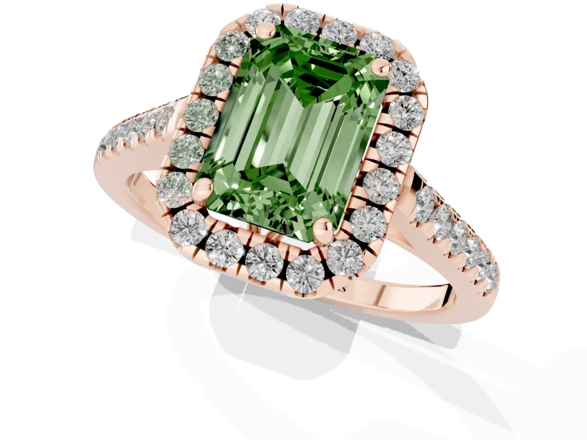 Fancy Green Emerald Cut Halo Pavé Diamond Engagement Ring with Four-Prong Setting Rose gold