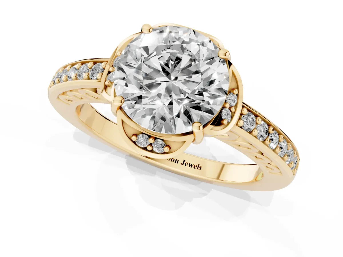 Round Cut Cut Halo Diamond Ring with Channel Set Band and Four-Prong Setting Yellow gold