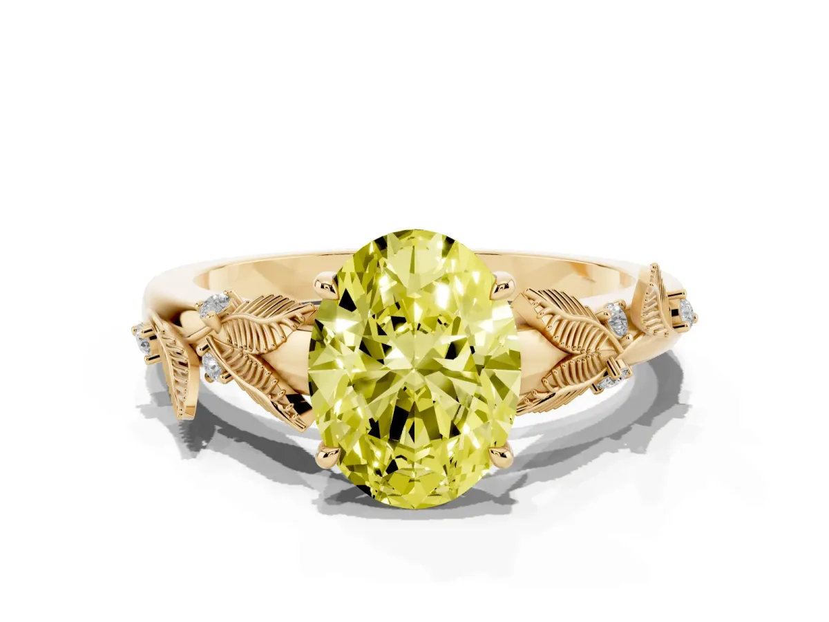 Fancy Yellow Oval Cut Diamond Solitaire Ring with Leaf Motif Band and Four-Prong Setting Yellow gold