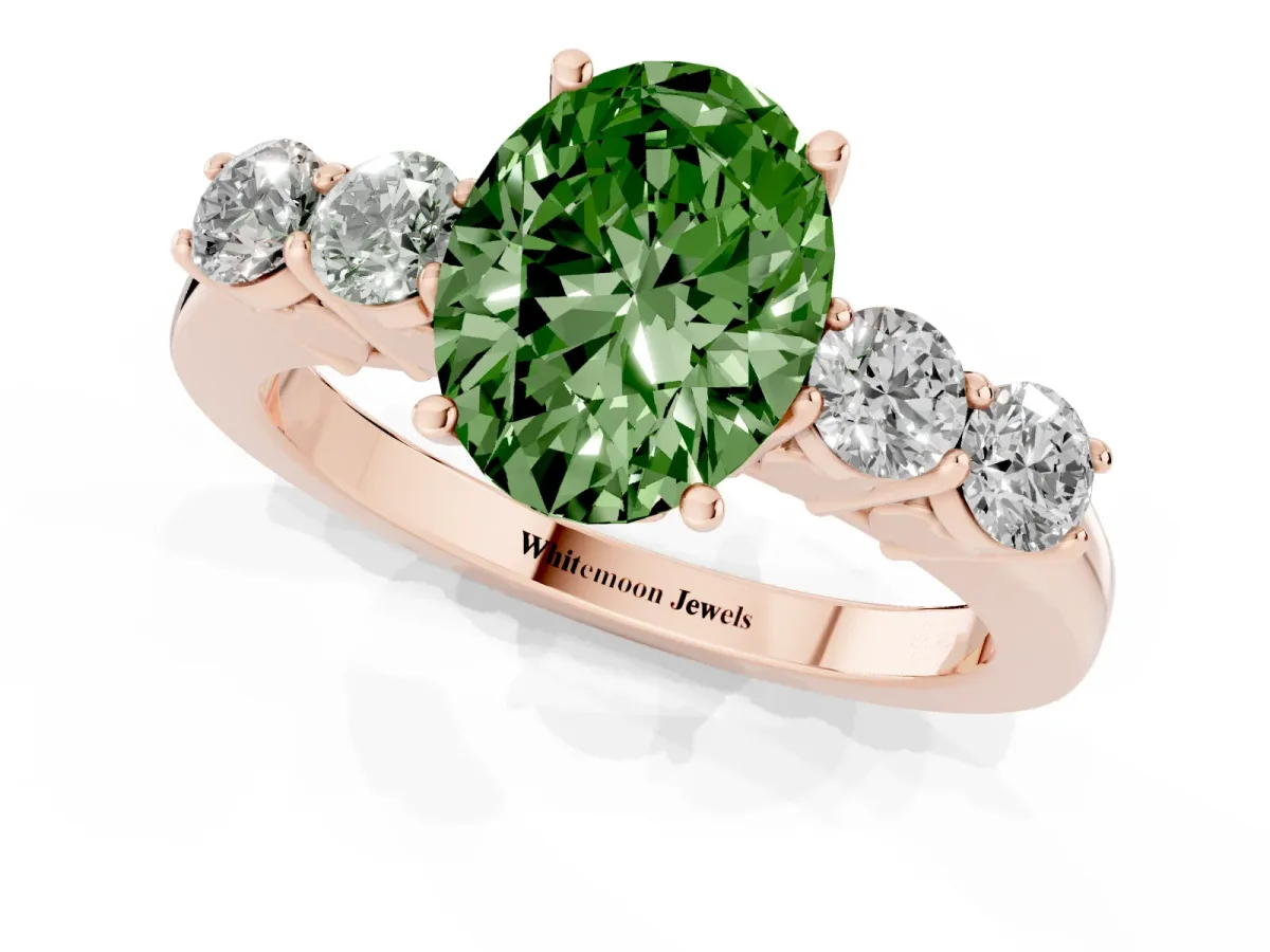 Fancy Green Oval Cut Cut Diamond Five-Stone Prong Set White Gold Ring Rose gold