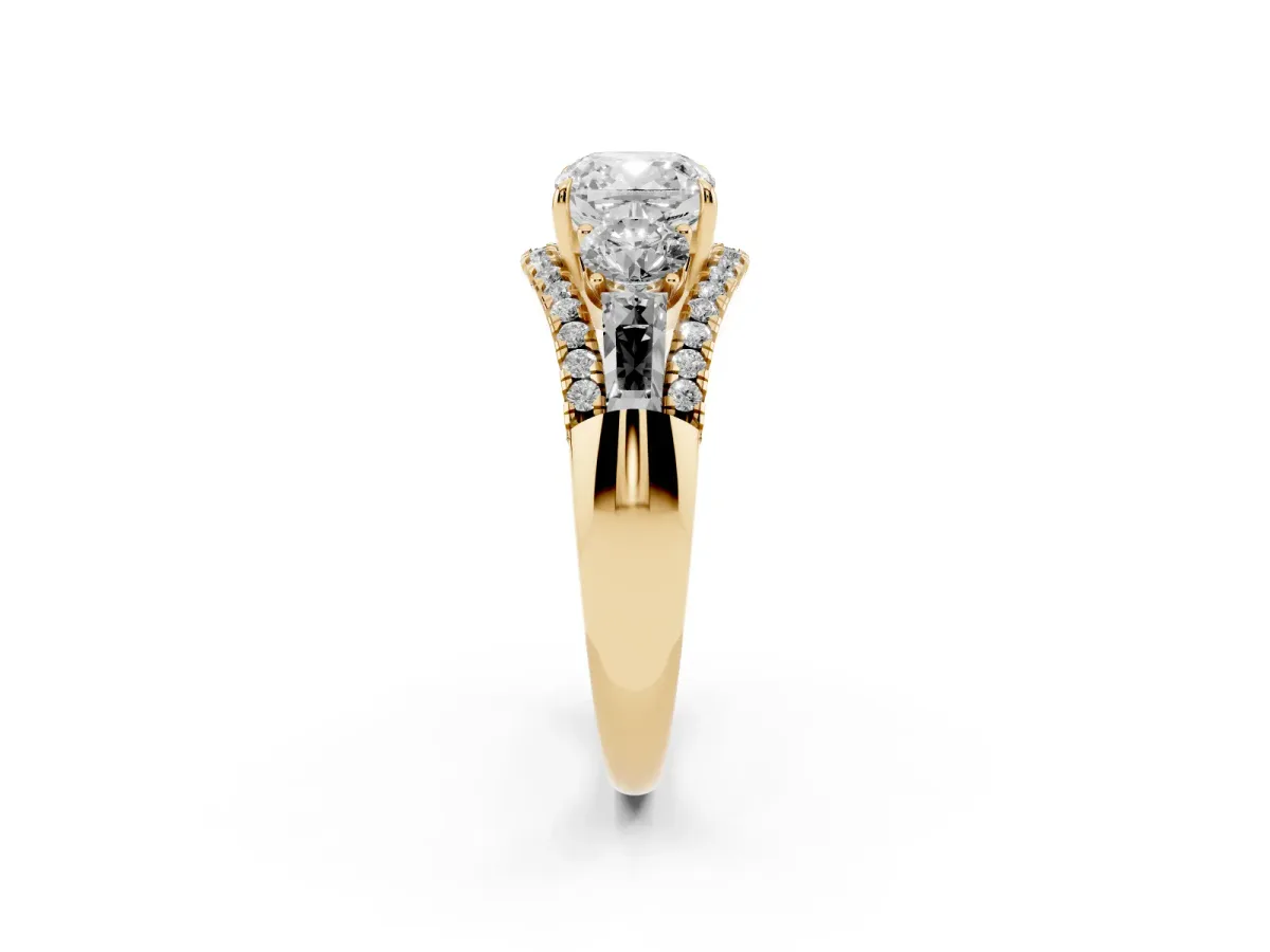 Three-Stone Cushion Cut Diamond Engagement Ring with Pave Band and Prong Setting Yellow gold