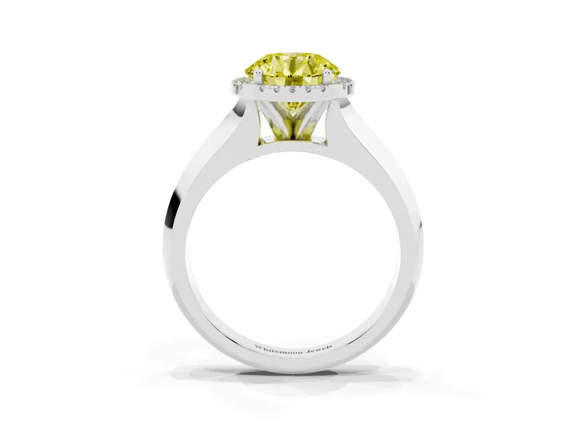 Fancy Yellow Round Cut Halo Diamond Ring with Cathedral Band and Four-Prong Setting Platinum