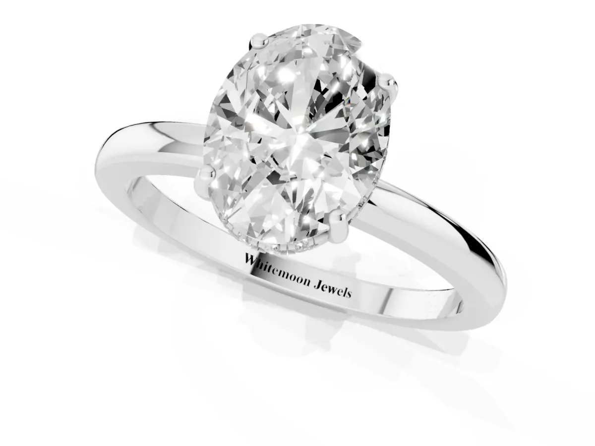 Oval Cut Solitaire Diamond Ring with Prong Setting and Plain Band Platinum