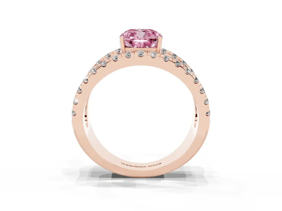 Fancy Pink Cushion Cut Solitaire Split Shank Pave Diamond Ring Rose gold