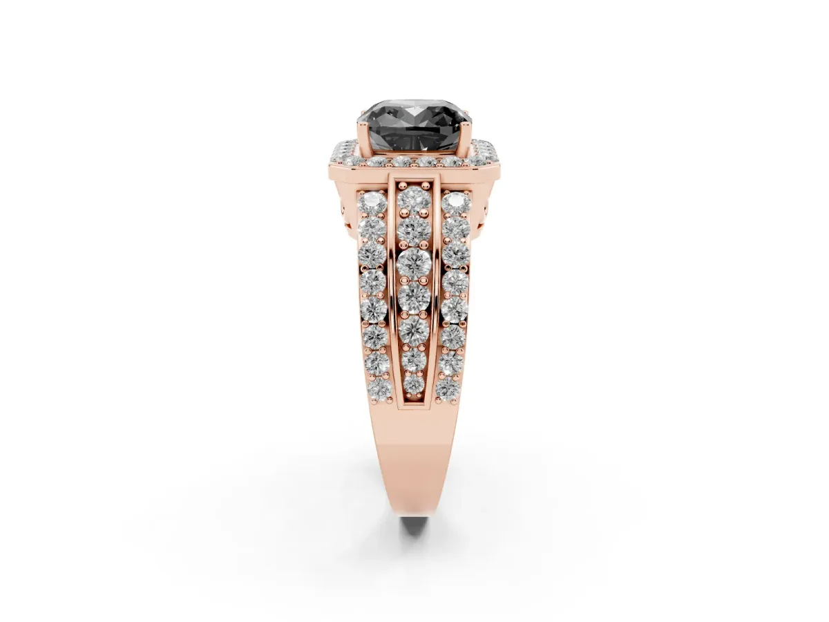 Fancy Black Cushion Cut Halo Diamond Ring with Round Split Shank and Prong Setting Rose gold