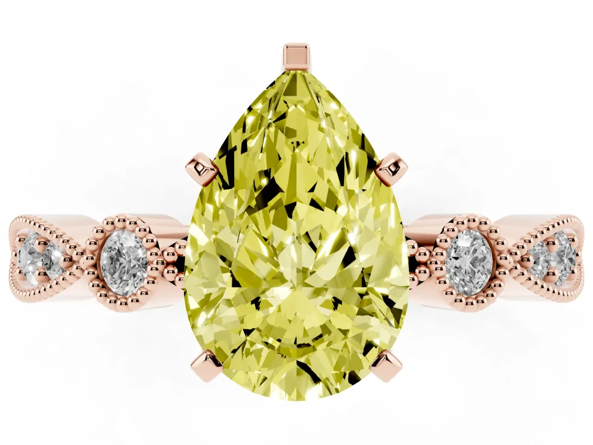 Fancy Yellow Pear Cut Milgrain Bezel Diamond Engagement Ring with Solitaire Prong Setting Rose gold