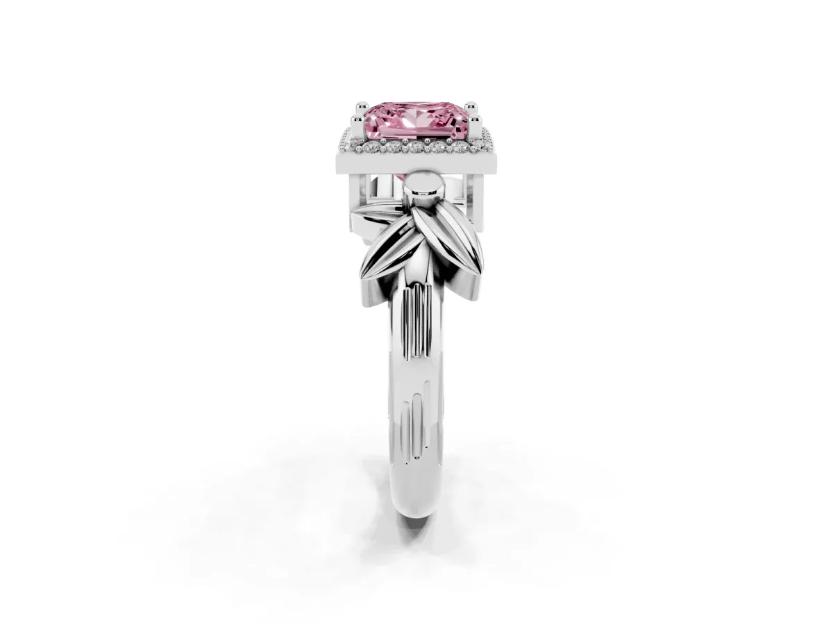 Fancy Pink Princess Cut Halo Diamond Floral Band with Four-Prong Setting Platinum